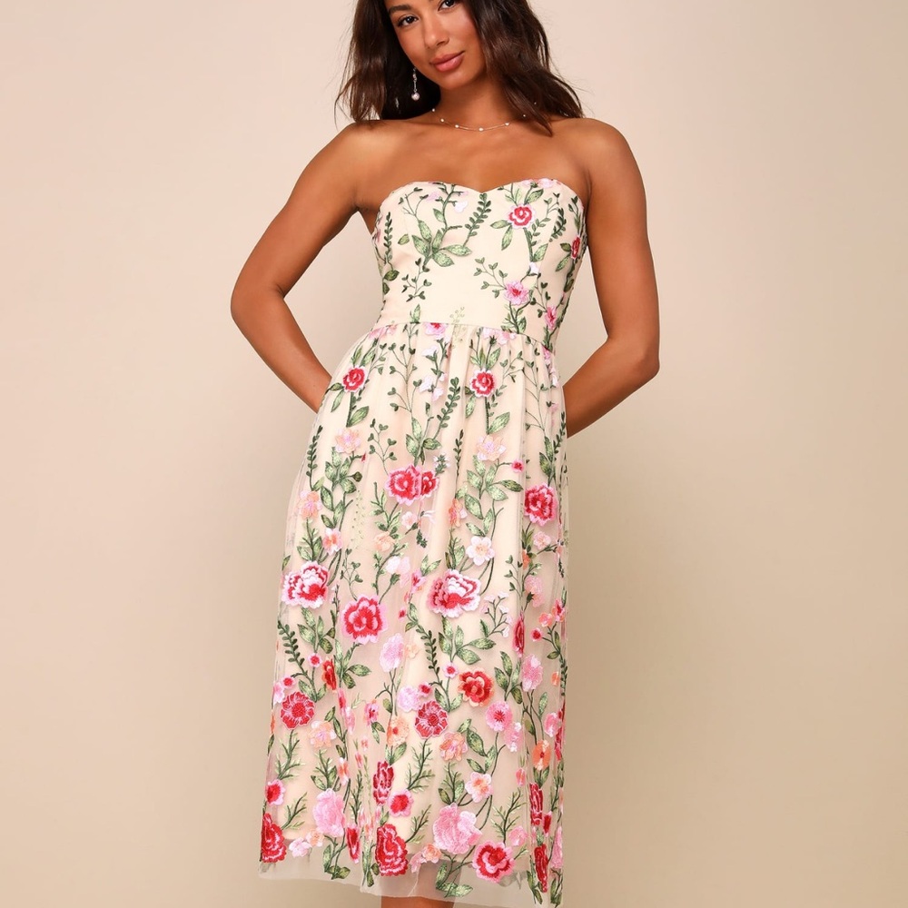 Lulu's Strapless Floral Midi Dress in Cream with Pink & Green Embroidery